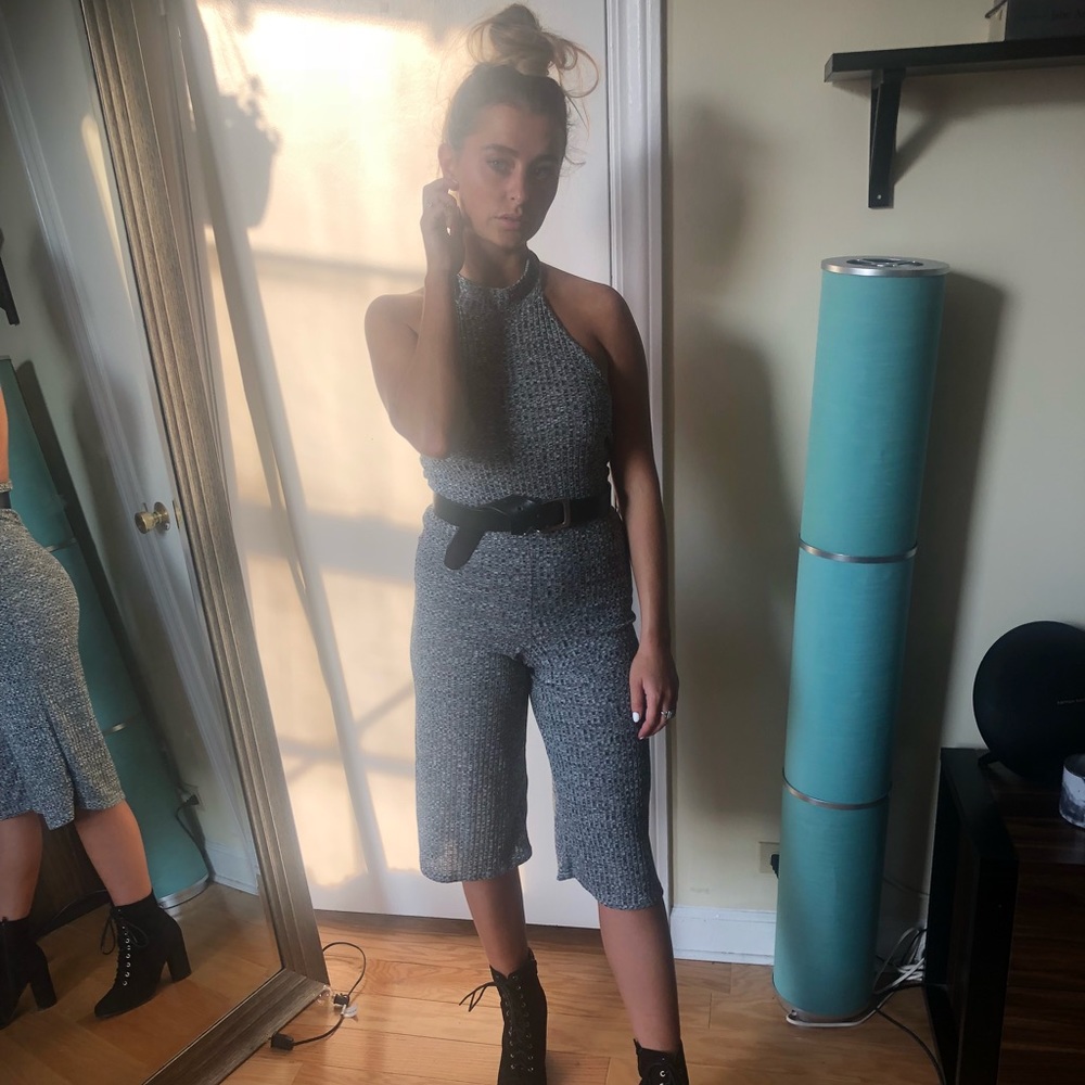 Grey Halter Ribbed Jumpsuit